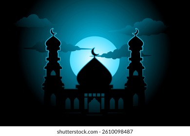 Islamic background design with silhouette of mosque in night. Blue Night Silhouette of a Mosque with Crescent Moons and a Central Dome