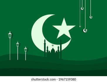 Islamic background design with still images of masijd in the desert with the background image of the moon and star symbol