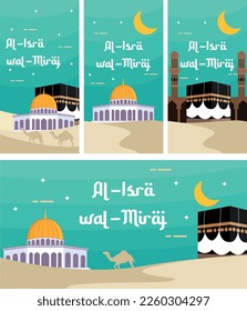 Islamic Background Design Template. Al-Isra wal Mi'raj means Prophet Muhammad's night journey. Banners, Posters, Greeting Cards. Vector Illustration.