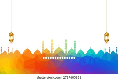 Diseño de fondo islámico con mezquita baja de polietileno texturizada. Anuncio de fondo de Eid Mubarak Ramadan Kareem con mezquita. Traducción: "Mes de ayuno de los musulmanes". 
