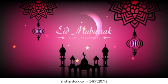 Islamic background of Eid al-Adha, the mosque beautiful night dark red color
