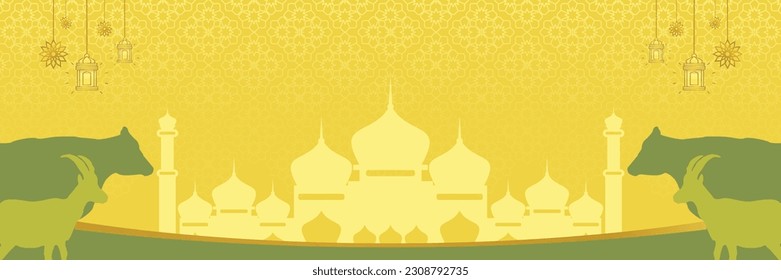 Islamischer Hintergrund für Eid al-Adha, mit Moschee-, Mandala-, Kuh- und Ziegensymbolen. Bannervorlage mit Leerzeichen für Text. Urbane Tagesvektorgrafik