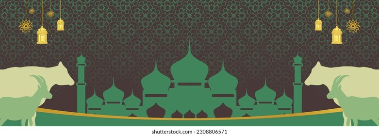 Islamic background for Eid al-Adha, with mosque, mandala, cow and goat icons. Banner template with empty space for text. qurban day vector illustration