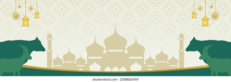 Islamic background for Eid al-Adha, with mosque, mandala, cow and goat icons. Banner template with empty space for text. qurban day vector illustration