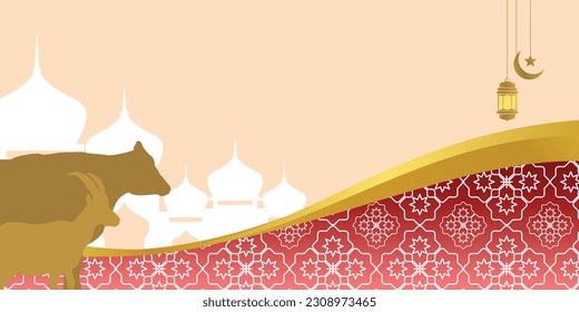 Islamic background for Eid al-Adha, with mosque, mandala, cow and goat icons. Banner template with empty space for text. qurban day vector illustration