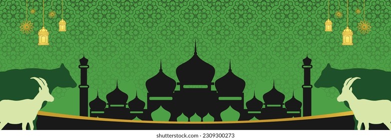 Islamic background for Eid al-Adha, with mosque, mandala, cow and goat icons. Banner template with empty space for text. qurban day vector illustration