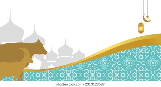 Fondo islámico para Eid al-Adha, con íconos de mezquita, mandala, vaca y cabra. Plantilla de cartel con espacio vacío para texto. ilustración vectorial de día cubano