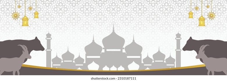 Islamic background for Eid al-Adha, with mosque, mandala, cow and goat icons. Banner template with empty space for text. qurban day vector illustration