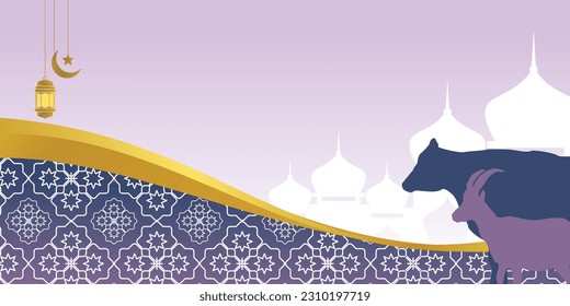 Islamic background for Eid al-Adha, with mosque, mandala, cow and goat icons. Banner template with empty space for text. qurban day vector illustration