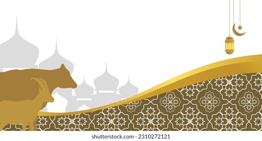 Islamic background for Eid al-Adha, with mosque, mandala, cow and goat icons. Banner template with empty space for text. qurban day vector illustration