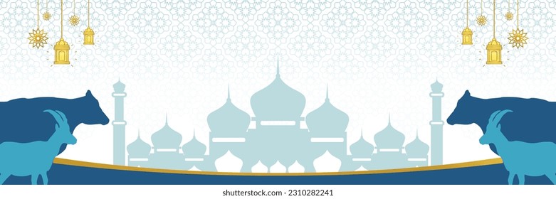 Islamic background for Eid al-Adha, with mosque, mandala, cow and goat icons. Banner template with empty space for text. qurban day vector illustration