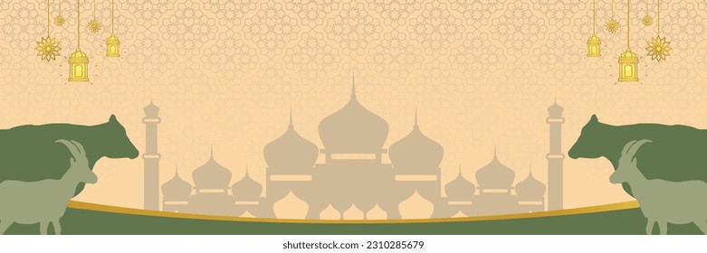 Islamic background for Eid al-Adha, with mosque, mandala, cow and goat icons. Banner template with empty space for text. qurban day vector illustration