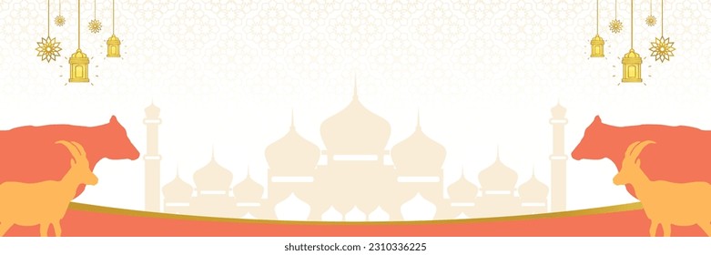 Fondo islámico para Eid al-Adha, con íconos de mezquita, mandala, vaca y cabra. Plantilla de cartel con espacio vacío para texto. ilustración vectorial de día cubano