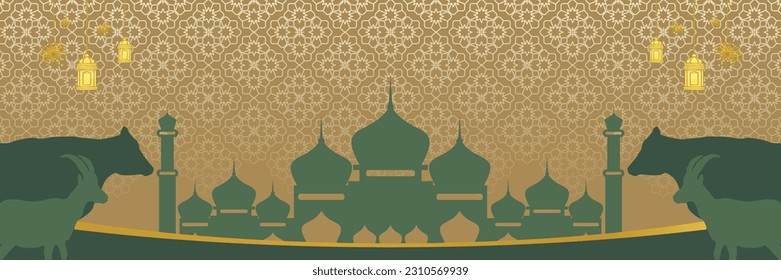 Islamic background for Eid al-Adha, with mosque, mandala, cow and goat icons. Banner template with empty space for text. qurban day vector illustration