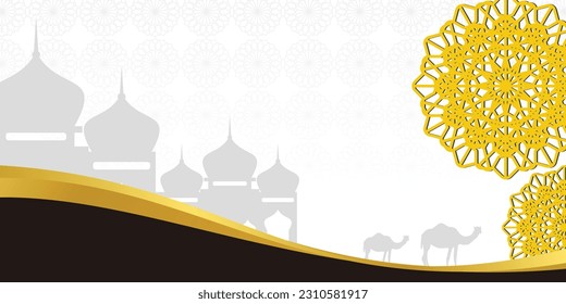 Islamic background for Eid al-Adha, with mosque icon and mandala. Banner template with empty space for text. qurban day vector illustration