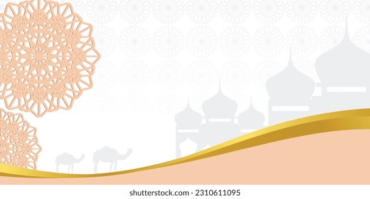 Islamic background for Eid al-Adha, with mosque icon and mandala. Banner template with empty space for text. qurban day vector illustration