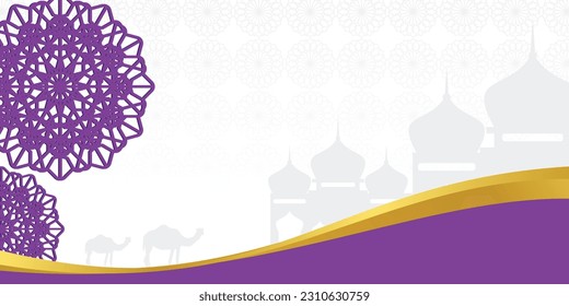 Islamischer Hintergrund für Eid al-Adha, mit Moschee Ikone und Mandala. Bannervorlage mit Leerzeichen für Text. Urbane Tagesvektorgrafik