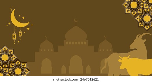 Islamic background for Eid al-Adha, with silhouette icons of mosque, mandala, cow and goat. Banner template with empty space for text. Design for sacrifice day