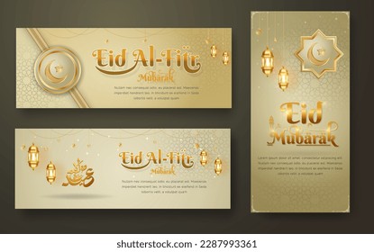 Islamic background, Eid Mubarak calligraphy with lanterns. means happy eid