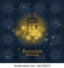Islamic Background. Eid Mubarak ornate vector banner, vintage lanterns for Ramadan wishing, greeting card, advertising, poster. Arabic shining lamps. Outline Golden Decor in Eastern Style.
