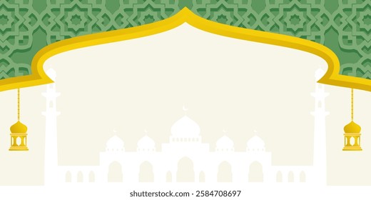 Islamic Background, Free Copyspace Area. With silhouette of Mosque and Lantern. Template design for banner, poster greeting card.