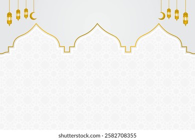 Islamic background with geometric motifs, white and gold domes, hanging lanterns. The elegant feel is suitable for Ramadan or Eid al-Fitr.