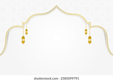 Islamic background with gold arch ornaments and hanging lamps. Elegant design with golden white nuances, suitable for Ramadan and Eid al-Fitr.