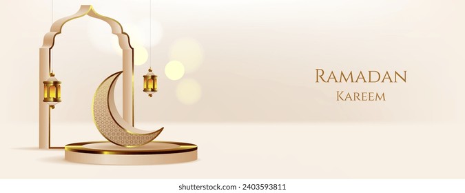 islamischer Hintergrund in goldener Farbe mit Crescent, Laterne, Tor und Bokeh-Effekt.realistisches Ramadan Kareem Banner-Vektordesign mit weicher Farbe.