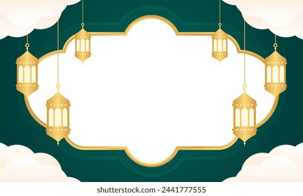 Islamic background with Gold Frame and lantern illustration. Copy space for text