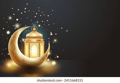 Islamic Background with Gold Lantern, Crescent Moon and Stars 