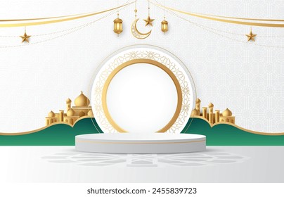 Islamic background with gold ornament star, moon, mosque, lanterns and podium. Suitable for raya and ramadan template concept.