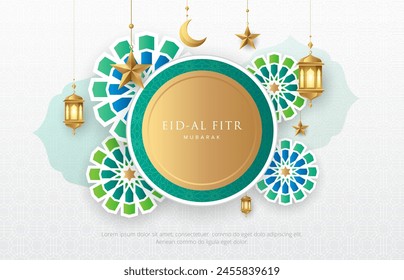 Islamic background with gold ornaments and abstract green floral designs. Suitable for raya and ramadan template concept.