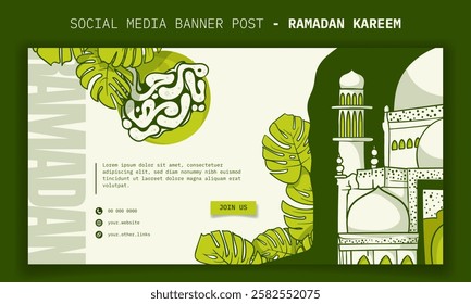 Islamic background in green design. banner template in cartoon design with arabic typography and mosque. arabic text mean is hello ramadan.