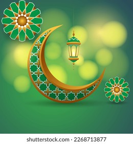 islamic background in green and gold color with realistic crescent, lantern and mandala on blur bokeh background, vector illustration