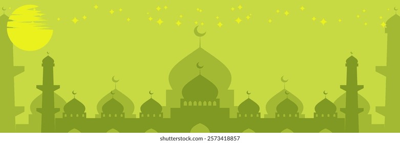 Islamic background with Green Mosque Silhouette. Free copy space area. Design for banner, greeting card, poster, social media for Islamic holidays.