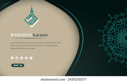 Islamic background in green and tan design with simple mandala and arabic calligraphy for ramadan kareem campaign. arabic text mean is ramadan kareem.