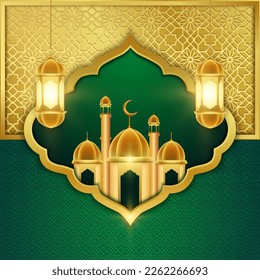 islamic background greeting golden pattern with lantern and mosque vector design