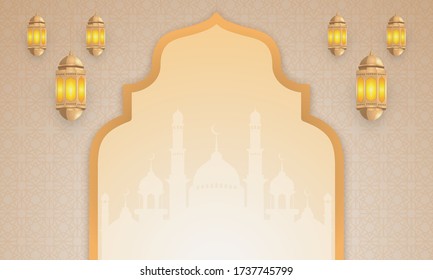 islamic background with hanging lights and pastel colors, light brown color, eid mubarak background, ramadan and islamic religion wallpaper.
