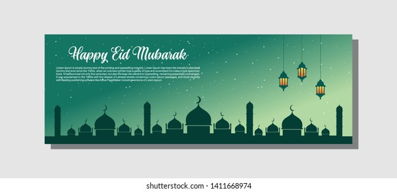 Islamic background, Happy eid mubarak banner illustration, Islamic greeting card