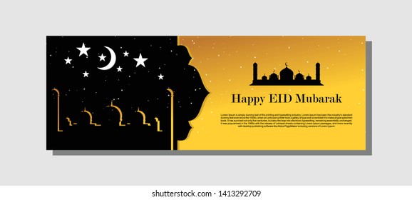 Islamic background, Happy eid mubarak banner illustration, Islamic greeting card
