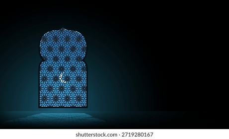 Islamischer Hintergrund mit Licht aus einem bogenförmigen Fenster im arabischen Stil. Perfekt für Ramadan-Banner, Eid al-Fitr-Poster oder das islamische Neujahr im Monat Muharram und anderen islamischen Feierlichkeiten.