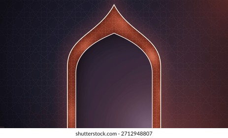 Fondo islámico con diseño de arco de mezquita de iluminación de lujo sobre fondo púrpura. Plantilla de fondo islámica para la campaña de celebración de fiestas