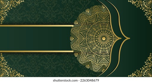 Islamic background with mandala decoration. Royal gorgeous arabesque style invitation card. Decorative golden floral mandala design background. Design for invitation, wedding card, Diwali, decoration.