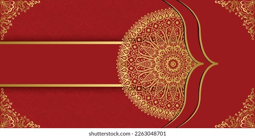 Fondo islámico con decoración mandala. Magnífica tarjeta de invitación de estilo arabesco real. Decorativo fondo dorado de diseño de mandala floral. Diseño para invitación, tarjeta de boda, Diwali, decoración.