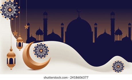 islamic background with mandala, golden crescent, golden lantern, stars and mosque silhouette. vector illustration