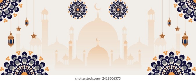 fondo islámico con mandala, farolillos, estrellas y mezquita. es genial para la pancarta de ramadan kareem, pancarta de eid mubarak y otras celebraciones islámicas. ilustración vectorial