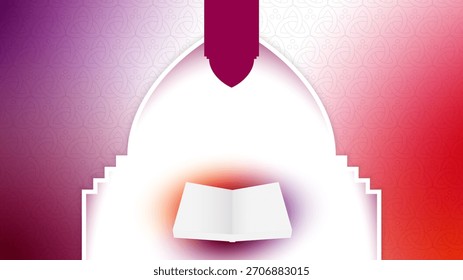 Islamischer Hintergrund mit Moschee-Bogen und Illustration von qur'an auf buntem Schattendesign. Islamischer Hintergrund für Radaman oder islamische Feiertage
