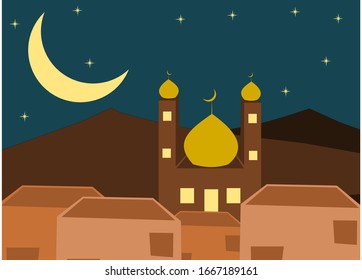 Islamic background. mosque and Islamic building shades at night stars in the Arabian sky. vector illustration