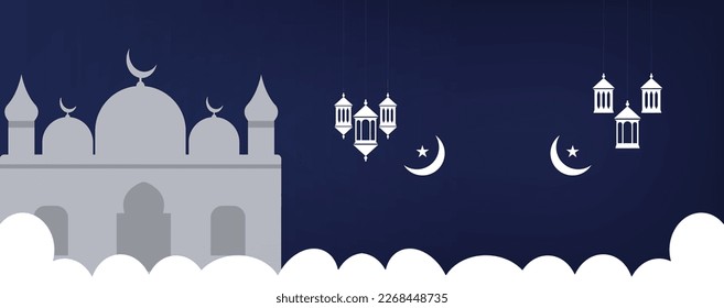 Islamic background with Mosque Crescent Moon and Lantern. Ramadan kareem festival celebration islamic banner. Ramadan Mubarak Religious Islamic Greetings. lamps decoration,Ornamental Lantern Burning.
