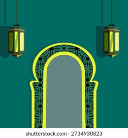 Islamic background with mosque door archway featuring geometric patterns and hanging lanterns on dark turquoise background for Ramadan greeting.